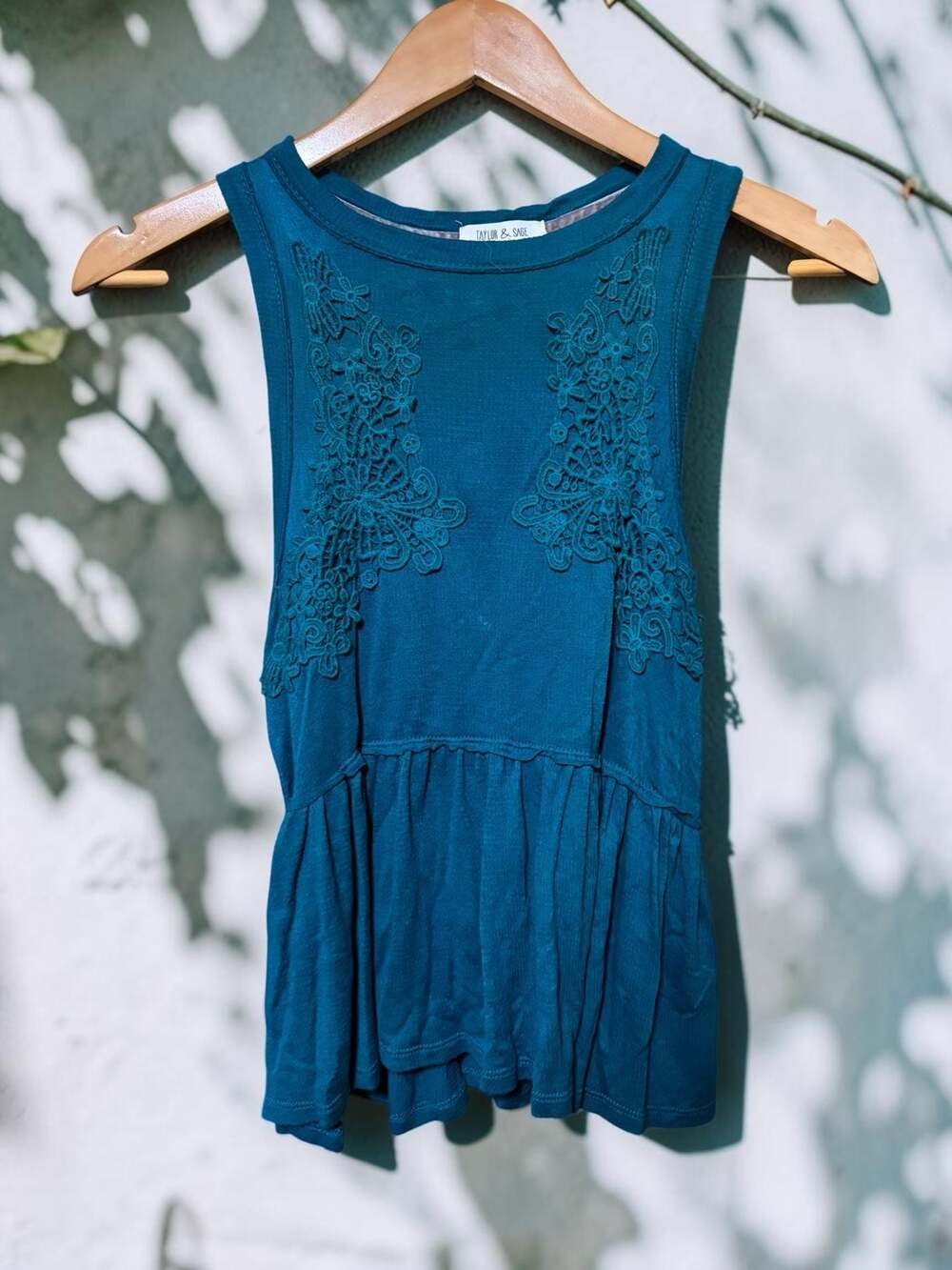Taylor & Sage Teal Sleeveless Tank Top with Lace Detail and Peplum Hem